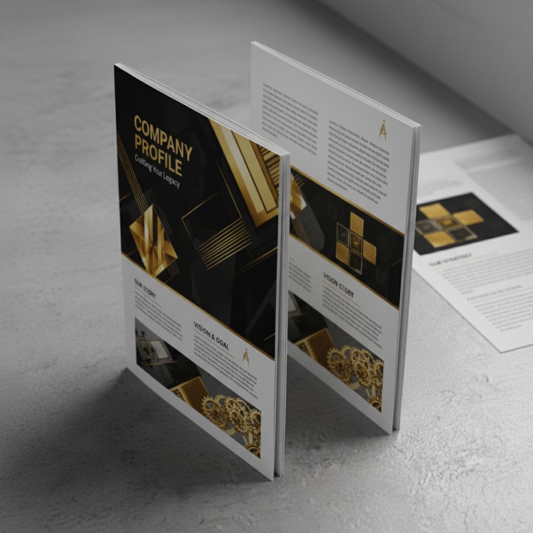 Brosur "Company Profile" dengan desain elegan berwarna hitam dan emas, menunjukkan halaman "Our Story" dan "Vision & Goal".