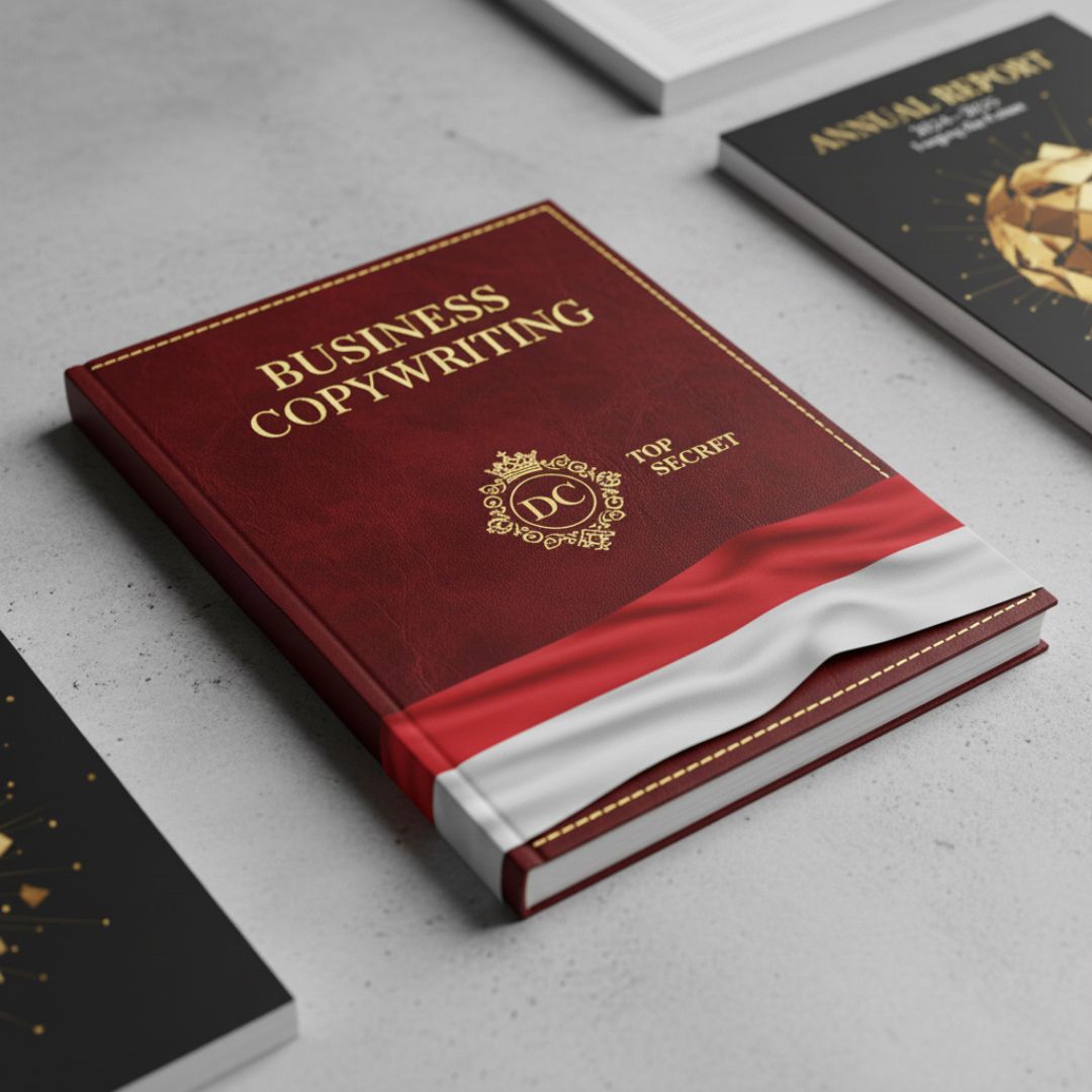 Buku tebal bersampul kulit merah marun dengan judul "Business Copywriting" dan logo Disccloud, dihiasi pita bendera Indonesia.
