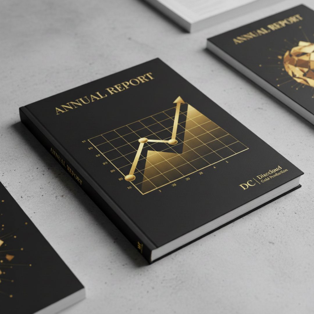 Buku laporan tahunan "Annual Report" berwarna hitam dengan grafik garis berwarna emas yang menunjukkan pertumbuhan signifikan.