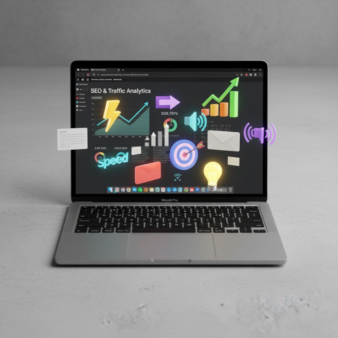 Layar laptop menampilkan dasbor "SEO & Traffic Analytics" dengan berbagai grafik dan ikon yang melambangkan pertumbuhan, kecepatan, dan ide.
