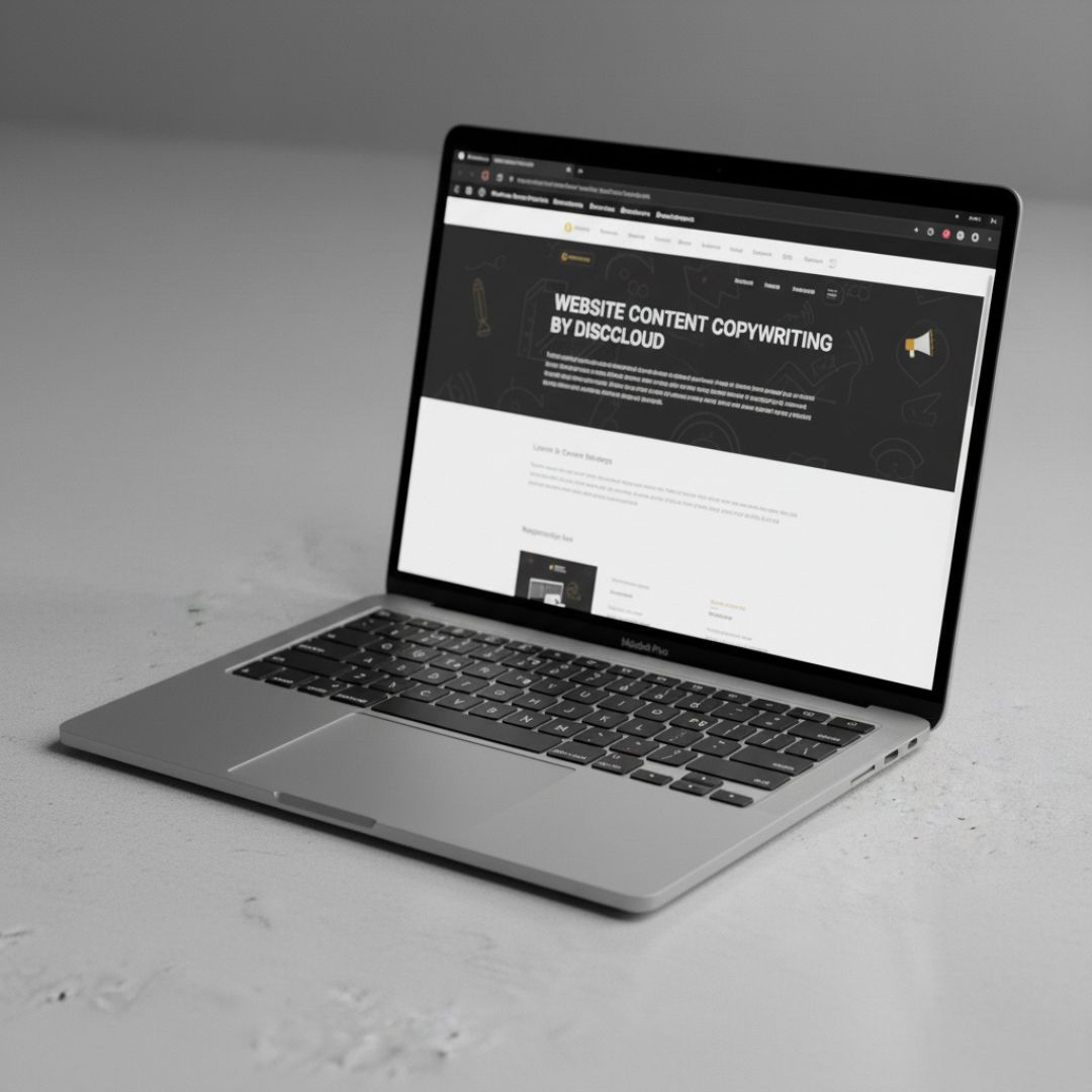 Laptop menampilkan halaman layanan "Website Content Copywriting by Disccloud" dengan desain profesional dan modern.