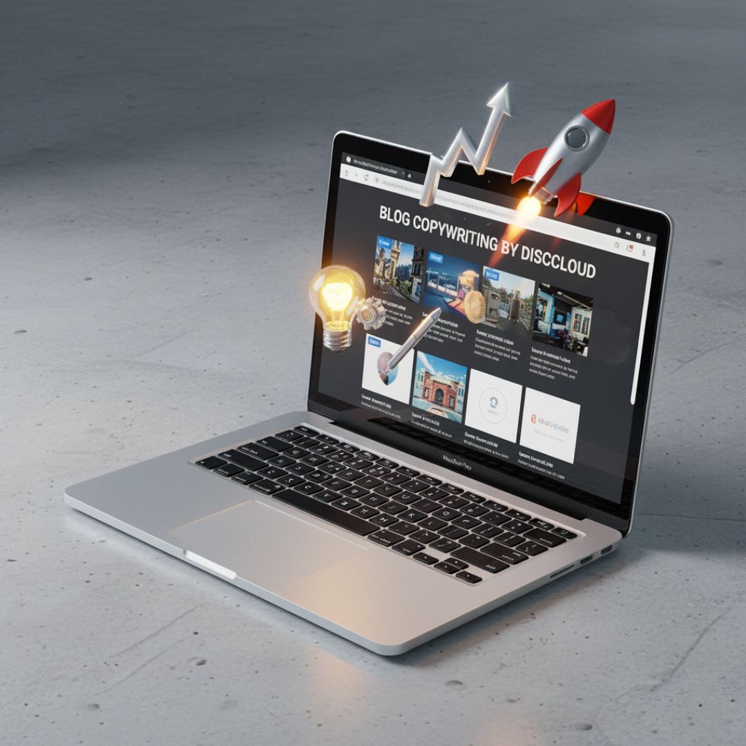 Laptop menampilkan layanan "Blog Copywriting by Disccloud", dengan ikon roket, panah grafik, dan bola lampu yang keluar dari layar.