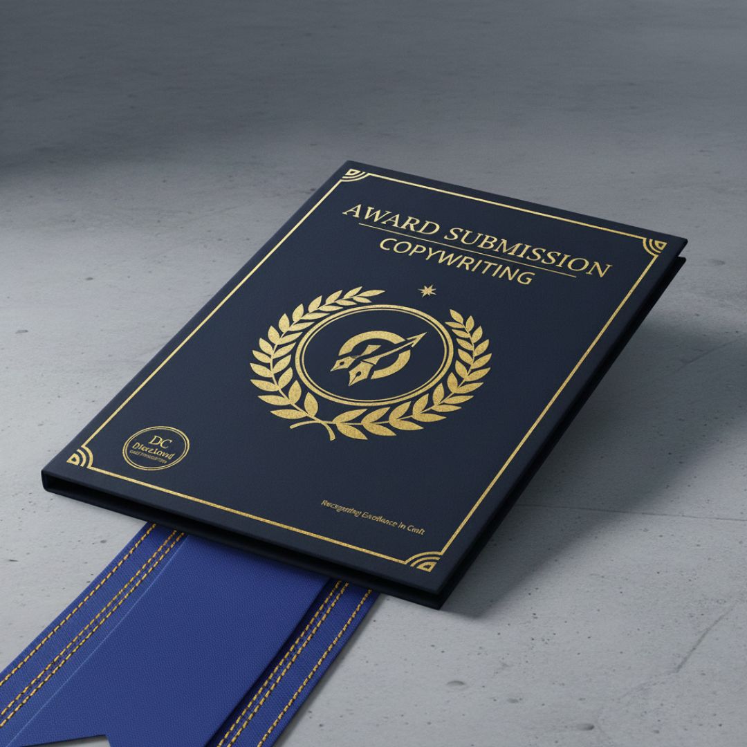 Dokumen "Award Submission Copywriting" berwarna biru tua dengan logo emas, melambangkan naskah untuk pengajuan penghargaan.