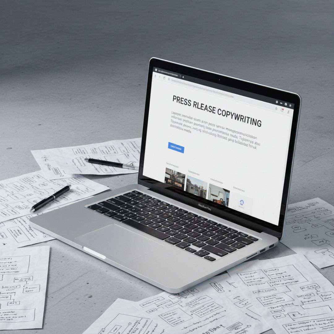 Sebuah laptop di atas meja yang penuh dengan catatan dan diagram perencanaan, menampilkan layanan "Press Release Copywriting".