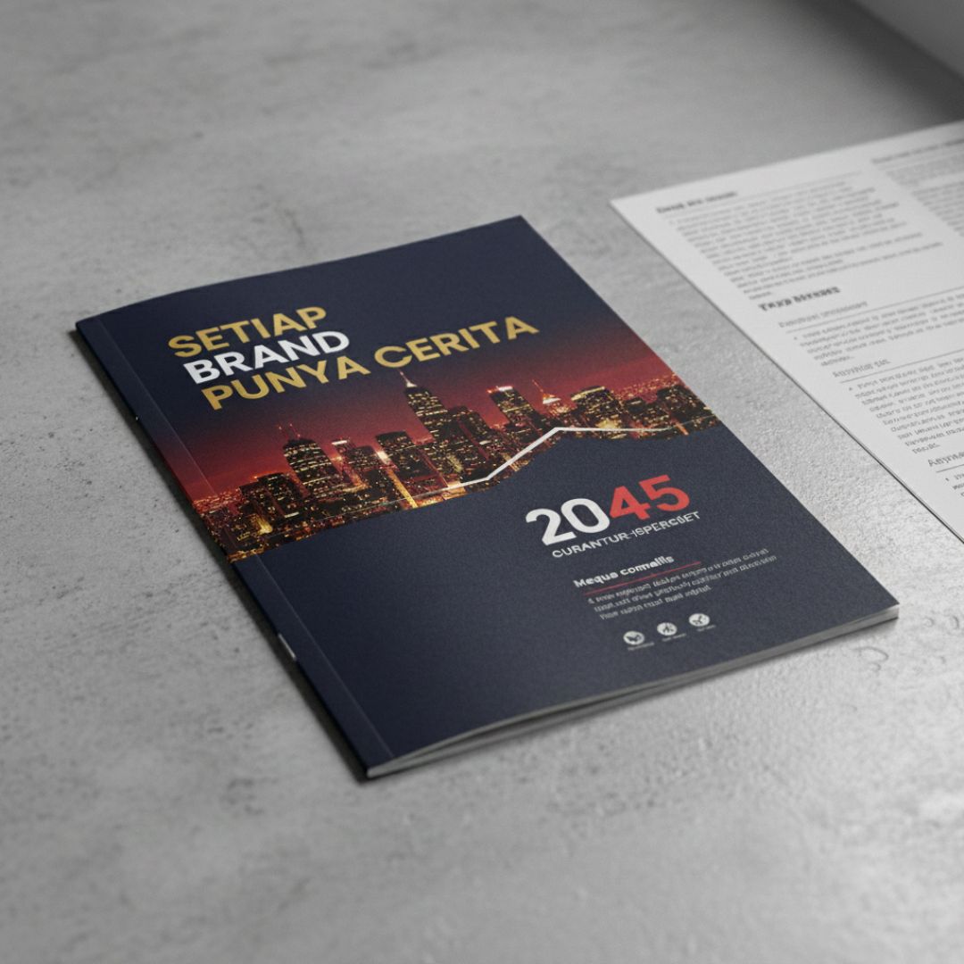 Sampul buku atau laporan berjudul "Setiap Brand Punya Cerita" dengan gambar kota malam hari dan visi "2045".